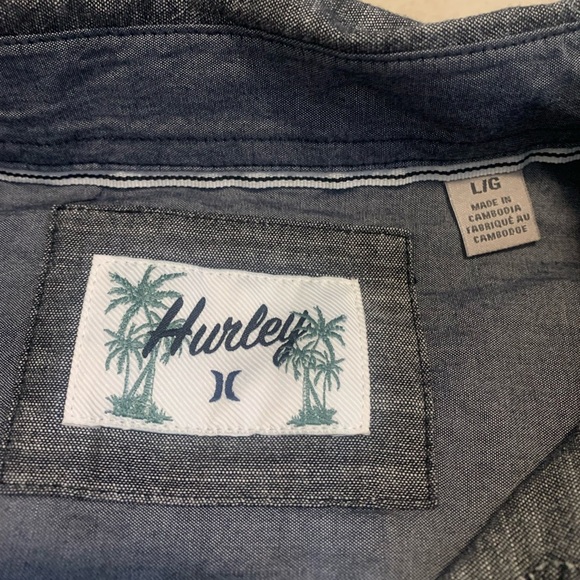 Men's Hurley Short Sleeve Button-Up Shirt - Grey Chambray Palm Tree Print - L - Picture 6 of 6